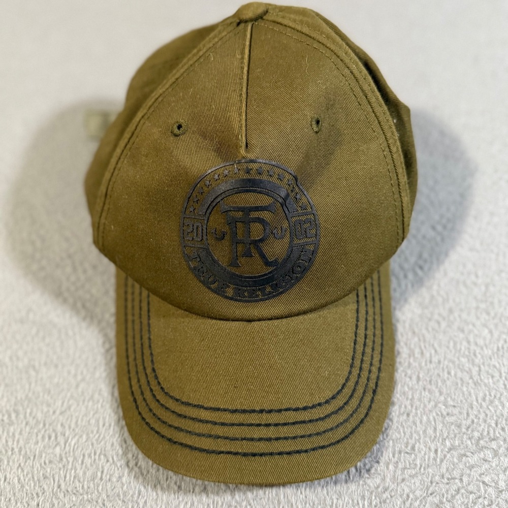 True Religion Cap Hat Green Embroidered Logo Adjustable Strap Waxed Leather Look